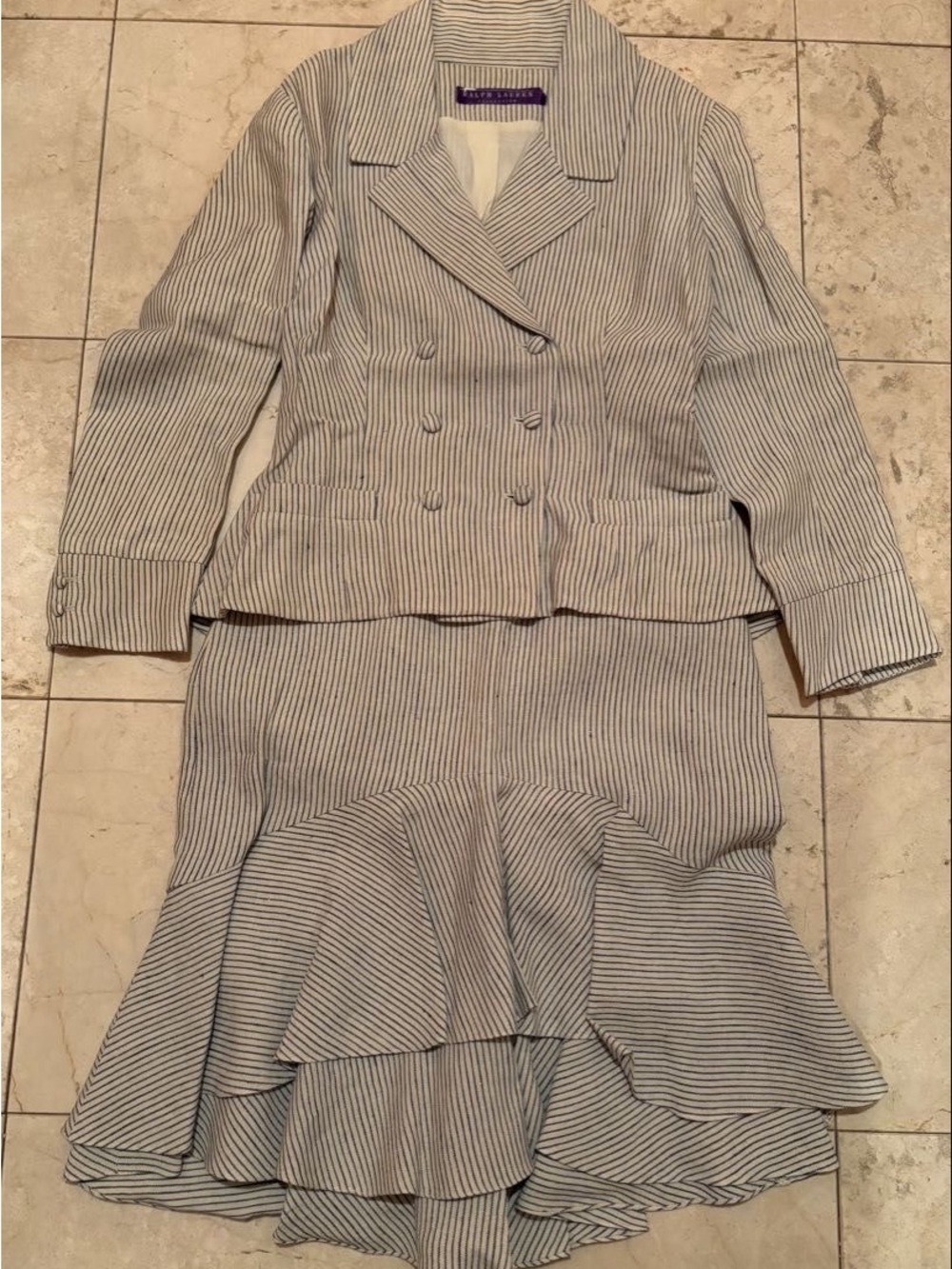 Lauren Ralph Lauren White and Navy Striped High-Low Skirt Set 36 38